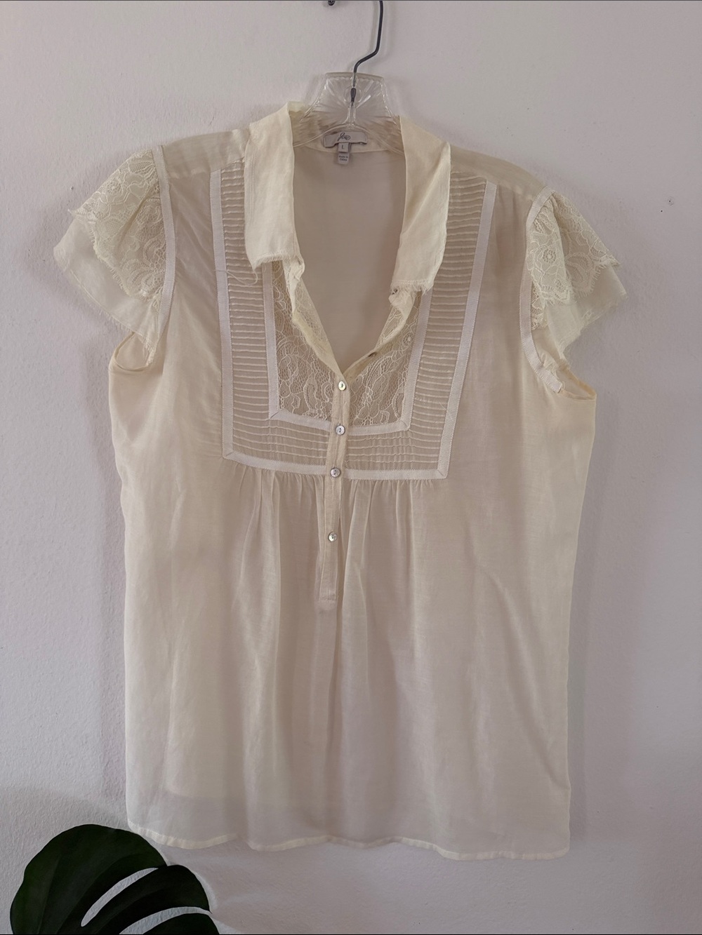 Joie Size L Women's Cream cotton voile and Lace-Trimmed Blouse.